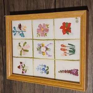 Embroidery Framed W/ Applique Ribbon Charms Signed VINTAGE